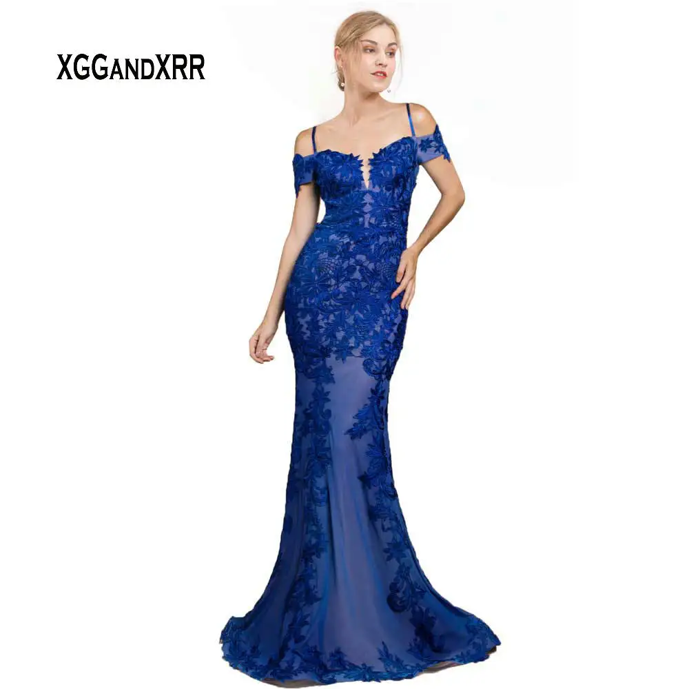 Сексуальное Кружевное Длинное Элегантное платье с открытыми плечами vestido formatura голубое вечернее платье выпускного вечера с русалочкой Большие размеры