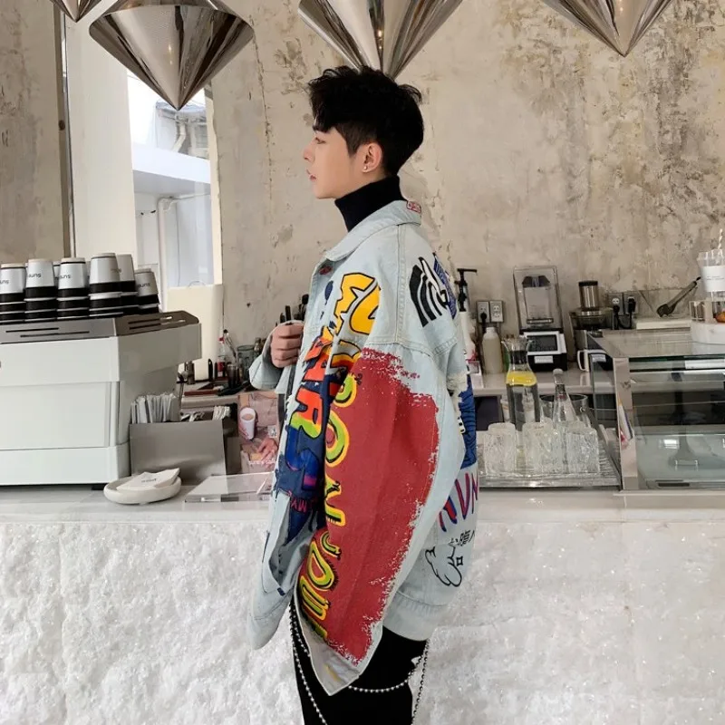 Fashion Mens Hip Hop Loose Fit Graffiti Printed Denim Jacket Casual Streetwear Outwear Jeans Coat Cowboy Light Blue Jacket
