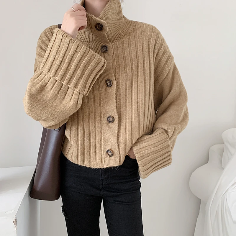 

Autumn Winter Women Sweater Oversize Vintage Buttons Turtleneck Cardigans Single Breasted Rolled Sleeve Loose Sweater Cardigans