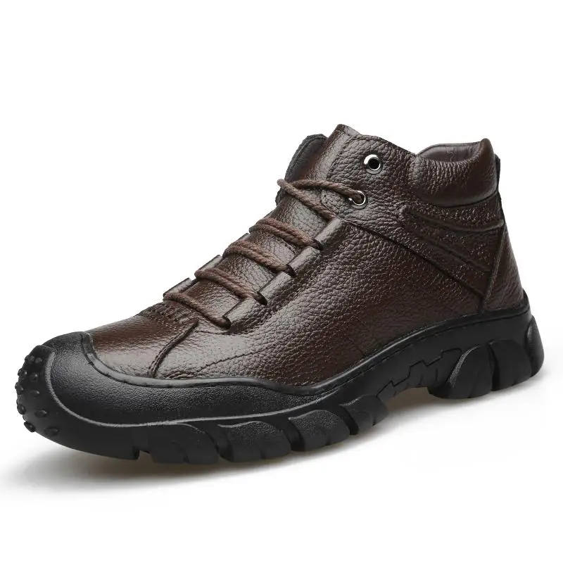 Модные мужские ботинки г. Зимние ботильоны из натуральной кожи высокого качества Теплая мужская обувь на меху плюшевая зимняя обувь на плоской подошве для вождения - Цвет: Brown plus cotton