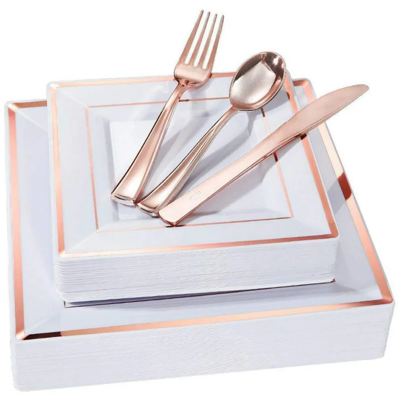 

Plastic Disposable Plate Durable Square Shape Plate 3pcs X Party Home 6pcs X Tableware Double Strip Print for Wedding Party 2020