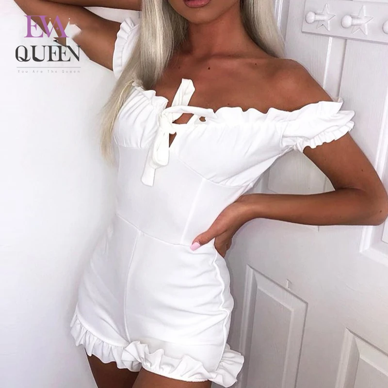 Женский комбинезон с оборками EvaQueen белый Облегающий бантом повседневный на лето