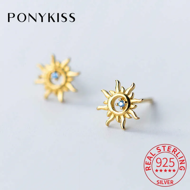 

PONYKISS 100% 925 Sterling Silver Hollow Sun Zircon Stud Earrings Summer Party Delicate Lovely Earrings Accessory Girl Cute Gift