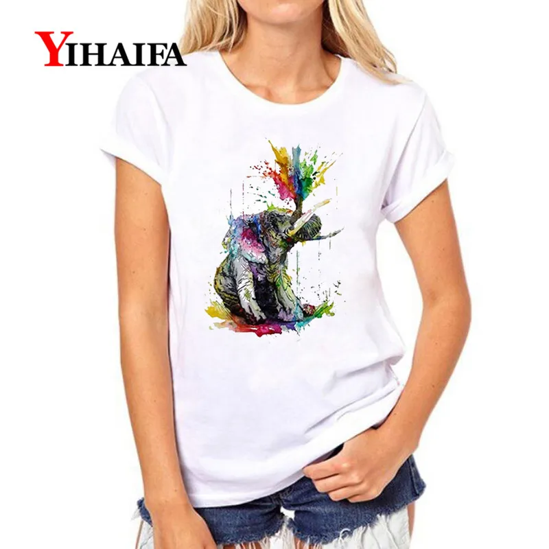 Женская футболка YIHAIFA белая с коротким рукавом и рисунком слона пуловер