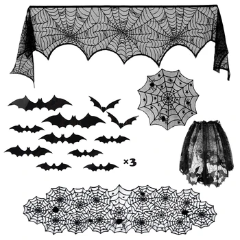 

Halloween Decorations Tablecloth Runner Black Lace Cobweb Cover Fireplace Scarf Spiderweb Scary 3D Bat for Halloween Party