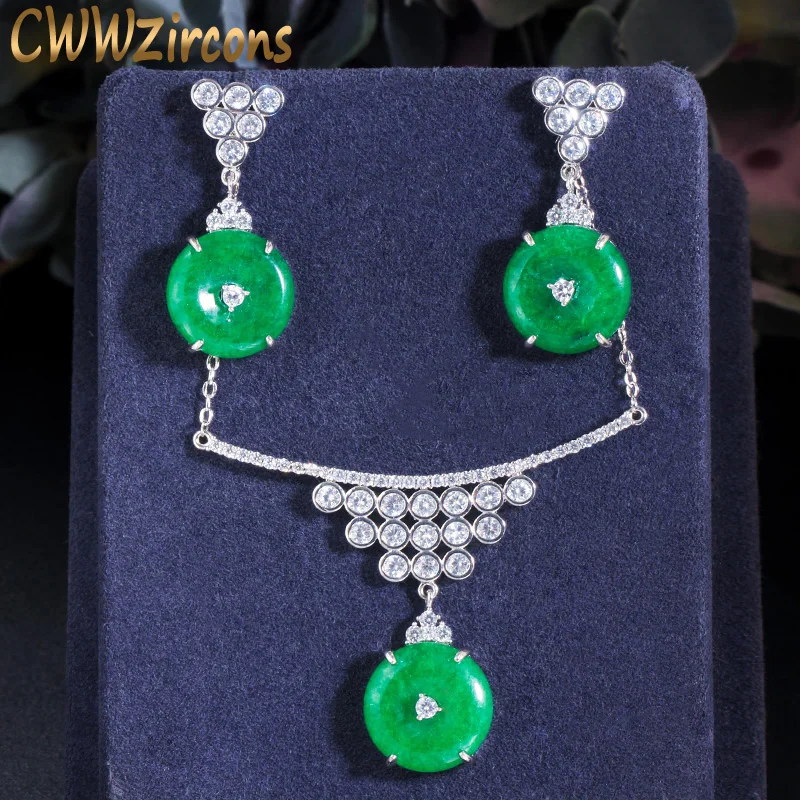 Круглые серьги подвески CWWZircons с зеленым кубическим цирконием набор украшений
