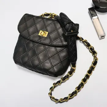 

Genuine Leather Chain Bum Bags Women Diamond Lattice Waist Bag Ladies Mini Crossbody Chest Bags