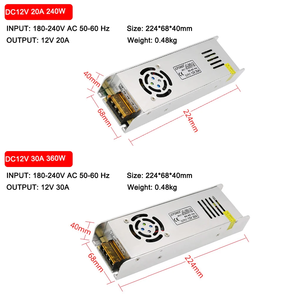 Ультра тонкий светодиодный источник питания DC12V 60 Вт 120 Вт 180 Вт 240 Вт Светодиодный драйвер AC180-240V Трансформаторы освещения для светодиодной ленты