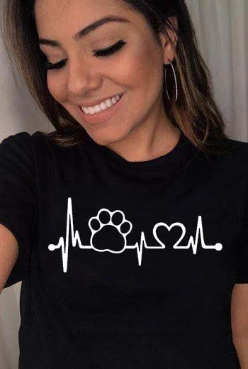 足ハートビートライフライン女性tシャツ犬の足のプリントo-ネックショートtシャツピンクブラックトップシャツ女の子若い愛