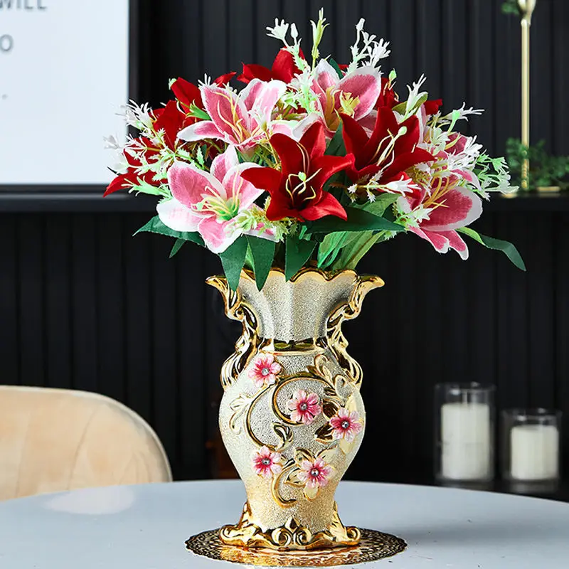 

European Luxury Crystal Sand Ceramic Vase Artificial Flowers Set Home Coffee Table Furnishing Crafts TV Cabinet Ornaments Decor