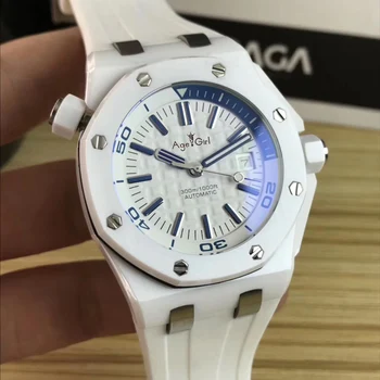 

Luxury Brand New Men Stainless Steel Automatic Mechanical Limited Sapphire White Ceramic Watch Blue Rubber Royal Oaks ETA 3120
