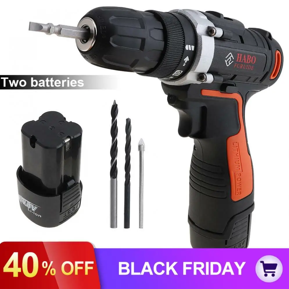 AC 110- 240V Cordless 16.8V Electric Drill /Screwdriver with 2 Li-ion Batteries and Two-speed Adjustment Button Handling Screws