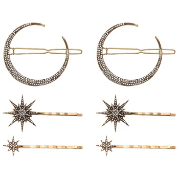 

6PCS/2Sets Retro Rhinestone Bobby Pin Diamante Moon Star Snowflake Hair Bang Clips Vintage Hairpin Hair Accessories