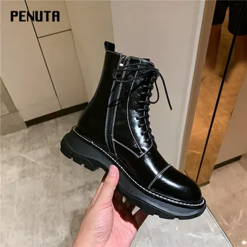 

2020 PENUTA Genuine Leather Martin Boots Ladies Autumn winter Fashion Lace up Shoes Black Brown western Style Punk Shoes D0037