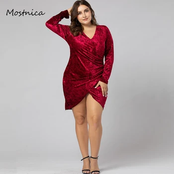 

Mostnica Burgundy Party Sexy Solid Ruched Overlap Surplice Crushed Velvet Long Sleeve Pencil Dress Spring Wrap Women Dresses