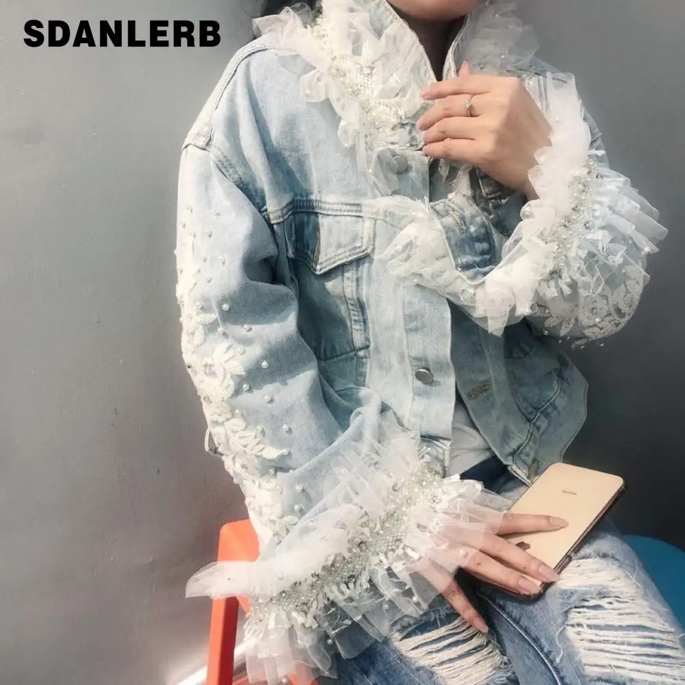 

2019 Autumn Fashion Short Denim Jacket Women Turn Down Collar Beaded Mesh Lace Embroidered Jeans Coat
