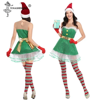 

4 Pcs Explosive Christmas "Women And Girls Costume Party Clothing Sexy Green Sequin Dress Cos Christmas Performance Costumes