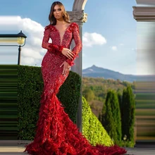 Платья для выпускного вечера с бисером и перьями, красные платья с длинными рукавами и v-образным вырезом, вечерние платья с аппликацией vestidos de fiesta de noche