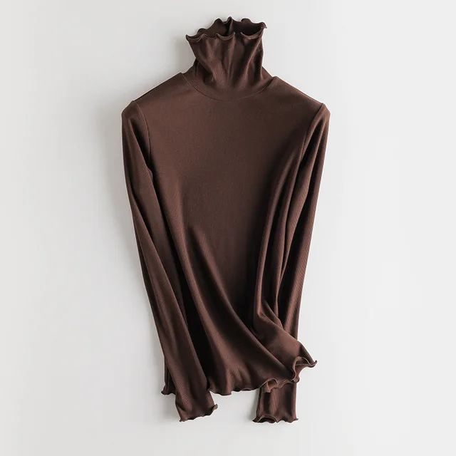 SuyaDream Women Bottoming T Shirt Real Silk Blend Long Sleeves Solid Basic Shirt 2021 Autumn Winter Turtleneck Top Coffee Turtleneck
