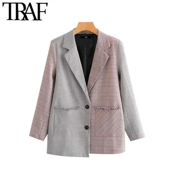 

TRAF Women Vintage Stylish Patchwork Frayed Patchwork Blazer Coat Fashion Long Sleeve Pockets Office Wear Outerwear Chic Tops