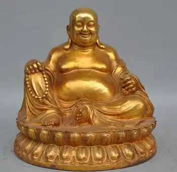 

8" Chinese Buddhism bronze Gilt sit lotus Happy Laugh Maitreya Buddha Statue
