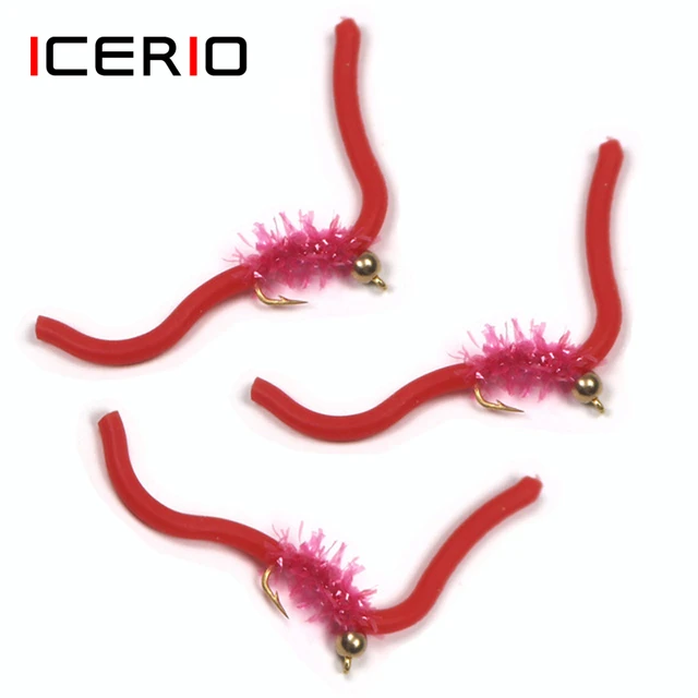 ICERIO 10PCS San Juan Worm Brass Bead Head Squirmy Wormy Fly Trout Fly  Fishing Lures Nymphs #10