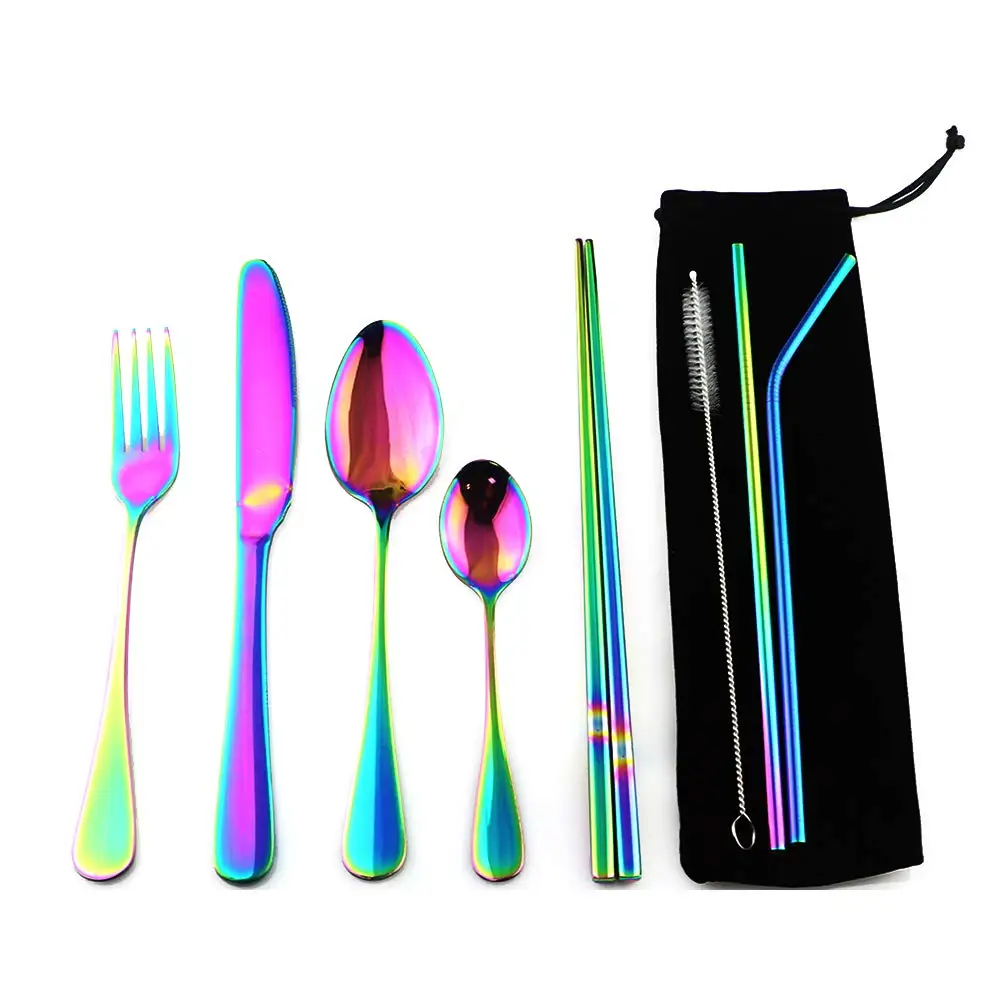 Portable Stainless Steel Dinnerware Set 18/10 Spoon Fork Chopsticks Straw Travel Camping Cutlery Pouch 8pcs/set Cutlery set Western style cutlery set Picnic cutlery set Stainless steel cutlery set Camping cutlery set