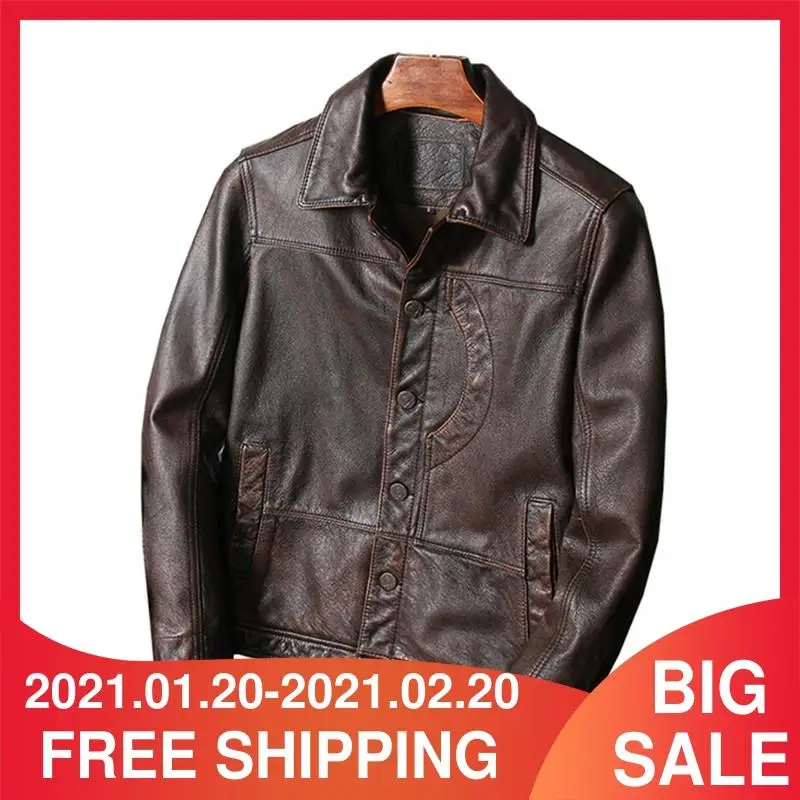 2021 винтажная коричневая американская повседневная кожаная куртка однобортный