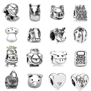 

2019 NEW 100% Sterling Thai Silver Retro Pig Mobile Phone Mushroom Rhinoceros Beetle Heart-shaped Beaded Charm Collection Gift