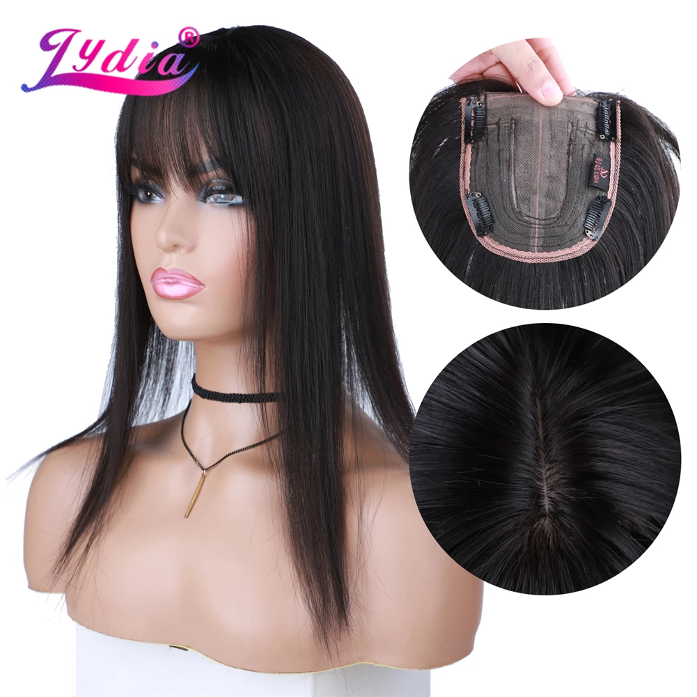 Lydia For Women Straight Synthetic Mixed Hair Extensions Toppers With Bangs Clips In Hairpiece Natural Black Hairline Wig 16Inch |