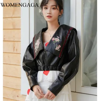 

Korea Embroidery Crop Leather Jacket Women Sailor Collar Loose Autumn Short Jacket Black Ladies Coats Korean Clothing LCS1