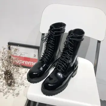 

Patent Leather Martin Boots for Women Lace-up Ankle Boots 2020 New Fashion Luxury Design Mixed-color Rubber Sole Square Heels