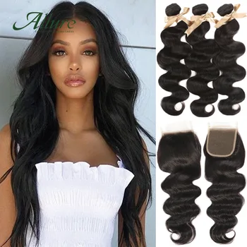 

Body Wave Black Bundles With Closure Remy Peruvian Human Hair Weave 3 Bundles And Closure Natural Color Free Shipping Allure