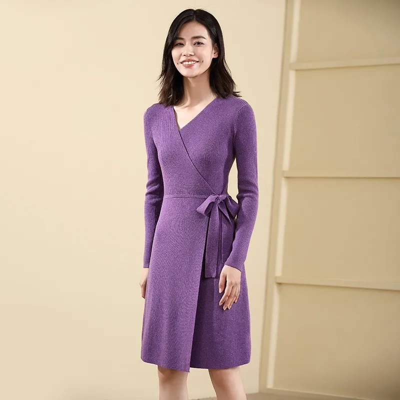European American Womens Autumn Slim Belt Sweater Dress Female Designer Fashion Solid Purple V-Neck Sweaters Long Wool Clothes | Женская