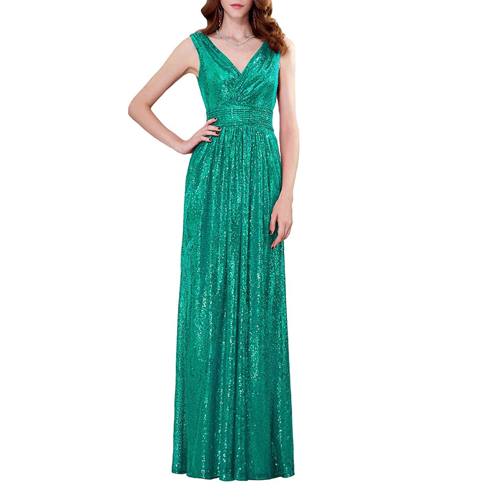 Женское вечернее платье до пола элегантное зеленое с павлиньими блестками и V