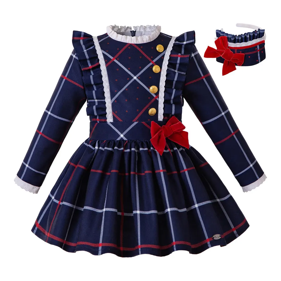 Предпродажа,, синее рождественское платье для девочек плиссированное платье в клетку для девочек+ повязка на голову с бантом, одежда детское зимнее платье G-DMGD208-229 - Цвет: Blue