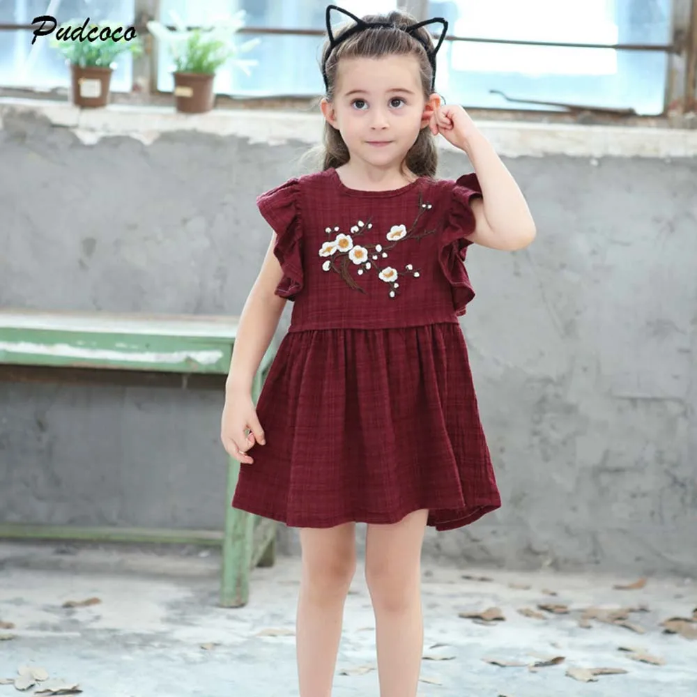 2020 Summer Children Cotton Linen Dress 1-8Y Kids Baby Girls Ruffle Short Sleeve Floral Embrodery Pleated Casual Outfit | Детская одежда