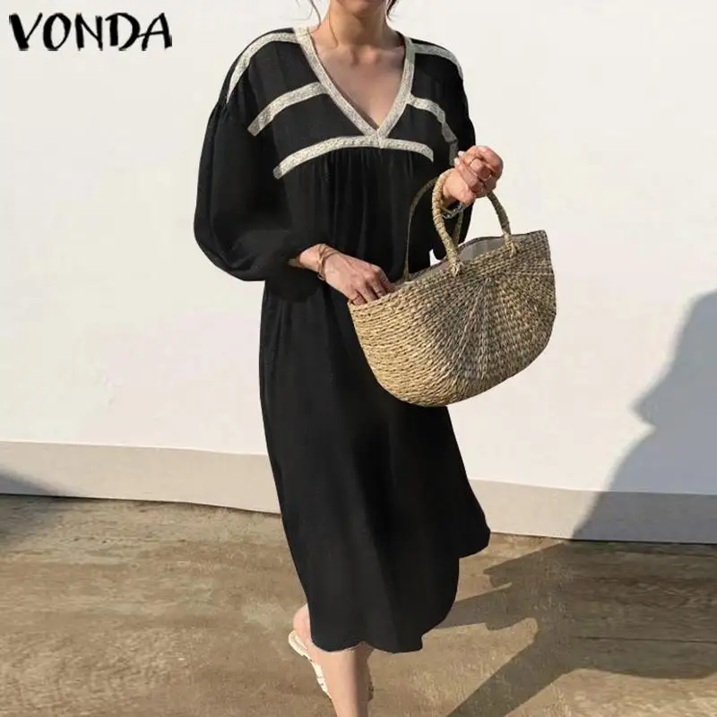 VONDA, летнее женское сексуальное платье с v-образным вырезом, длинным рукавом-фонариком, в полоску, Платья для вечеринок, свободное богемное длинное платье, винтажное платье