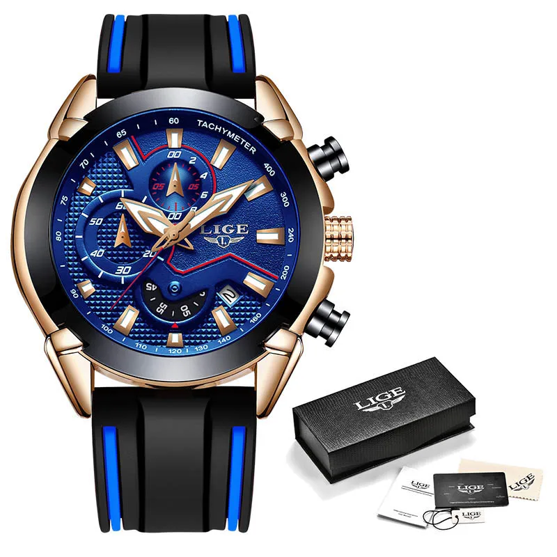LIGE новые модные мужские s часы силиконовый ремешок лучший бренд класса люкс водонепроницаемый спортивный хронограф кварцевые часы мужские Relogio Masculino - Цвет: Rose gold blue