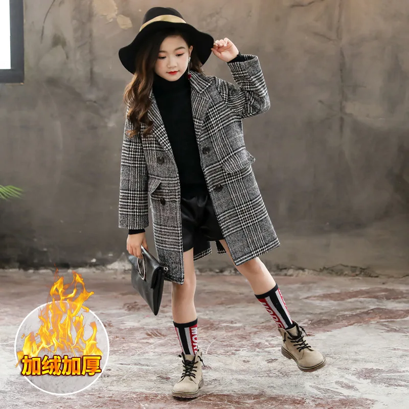 

Plus Velvet Girls Woolen Jacket Autumn And Winter Korean-style Thousands of Birds Mid-length Trench Coat Children Woolen Overcoa
