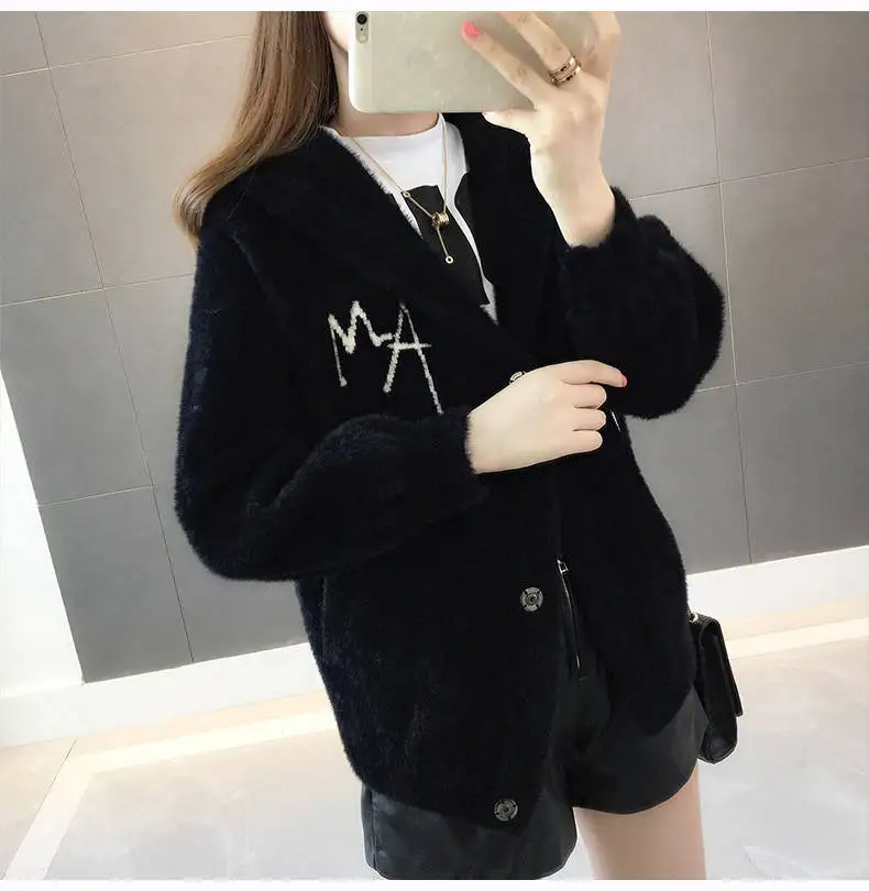 Women Mink Fur Jacket Autumn Winter Women Coat Loose Embroidered Thick Velvet Hooded Sweater Female Cardigan