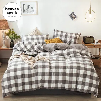 

100 Washed Cotton Solid Textile House Bedding Set Duvet Cover Grid Bed Sheets and Pillowcases Sabanas Fundas Nordicas 240x220