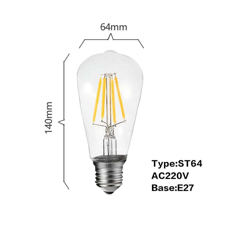 Винтаж Edison лампа со светодиодными нитями на цоколе 2W 4W 6W 8W 220V 110V Ретро E27 светодиодный светильник лампы Стекло оболочки ST64 Светодиодная лампа для Гостиная - Испускаемый цвет: ST64 220V