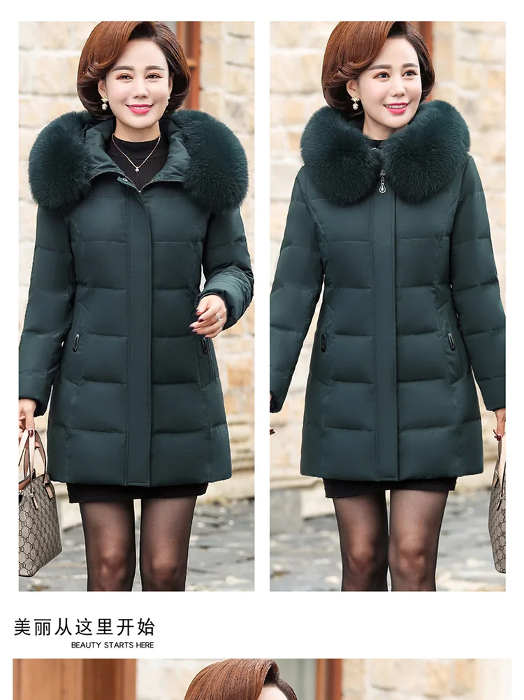 Brand Genuine Fur Collar Large Size White Duck down Coat Women's Winter Middle-aged WOMEN'S down Jacket Warm Mid-length