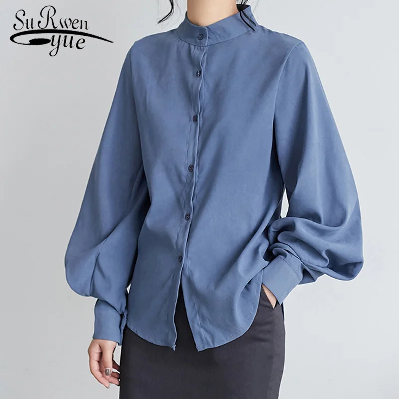 

Korean Vintage Lantern Sleeve Stand Collar Loose Women Tops and Blouses 2019 Autumn Winter Female Long Sleeve Shirt 6593 50