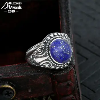 

10*8mm 6.18 Sale S925 Sterling Silver Asia Lapis Rings Exaggerated Rings Chinatown Afghanistan Retro Gemstone
