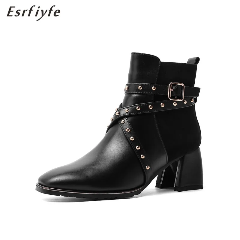 

ESRFIYFE 2020 New Fashion Women Boots Rivet Boots Side Zipper High Heels Motorcycle Ankle Boots Waterproof Footwear Mujer Boots