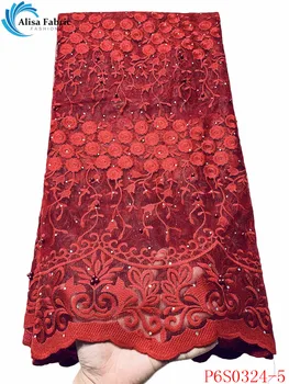 

Alisa red african beaded lace fabric 2020 high quality embroidered with stones french tulle laces fabrics 5 yards/pcs for sewing