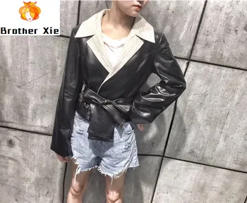 

Sheepskin Jacket Women Fashion Autumn Spring Soft Real Leather Jackets Belt Two-piece Set Coat Ladies Motorcycle Outerwear