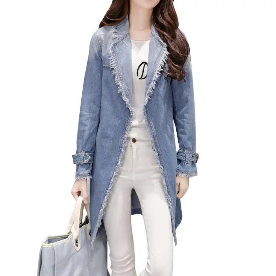 

2019 Autumn Denim Cardigan Coat Women faashion Tassel Long Denim Trench Coat Slim Jeans Windbreaker Vintage Overcoat r1670